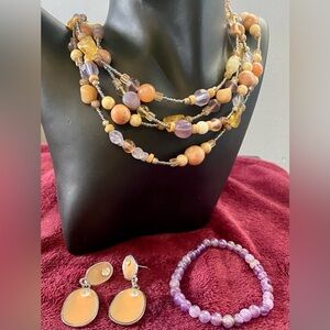 Multicolor, Multi Strand Earthy Tones Beaded Necklace, Bracelet & Earrings Set